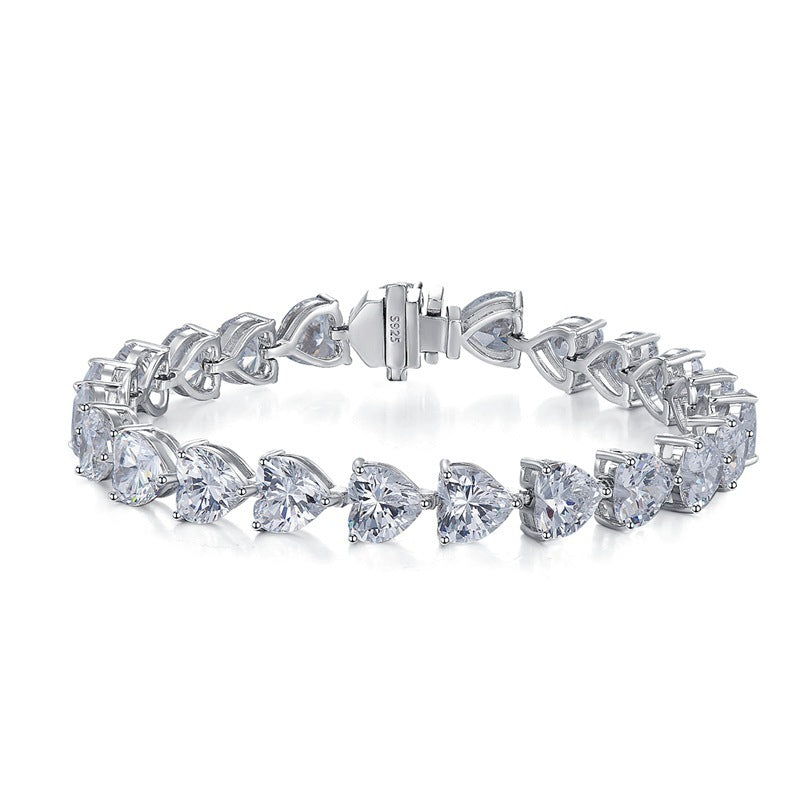 Pulsera de plata de ley S925 con diamantes en forma de corazón