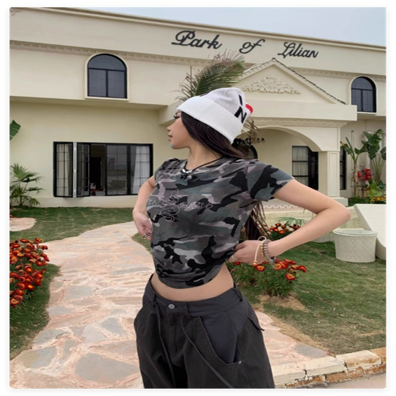 Camiseta Mujer Camuflaje Retro | Manga Corta Streetwear Femenino