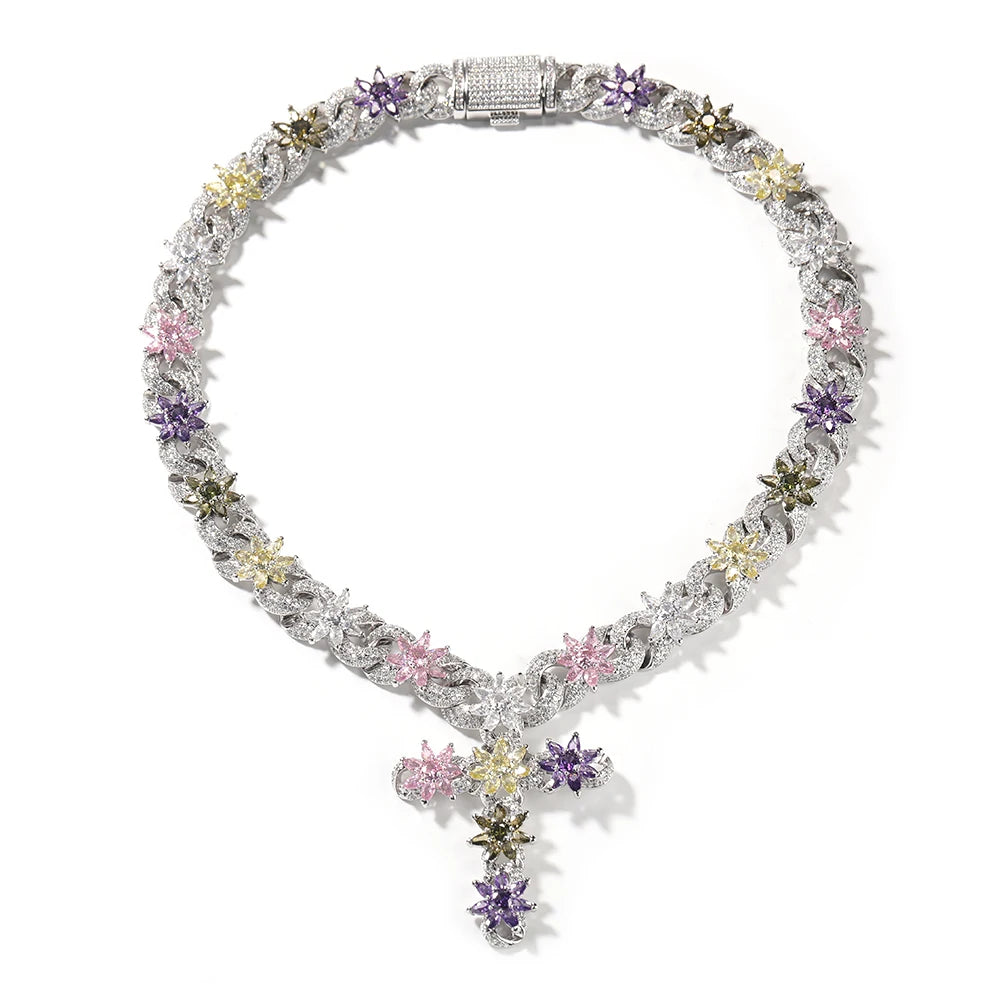 Colorful Flower Cuban Chain Full Paved Iced Out Bling Cubic Zirconia Cross Charms Baguette CZ Cuban Chain Hiphop Jewelry