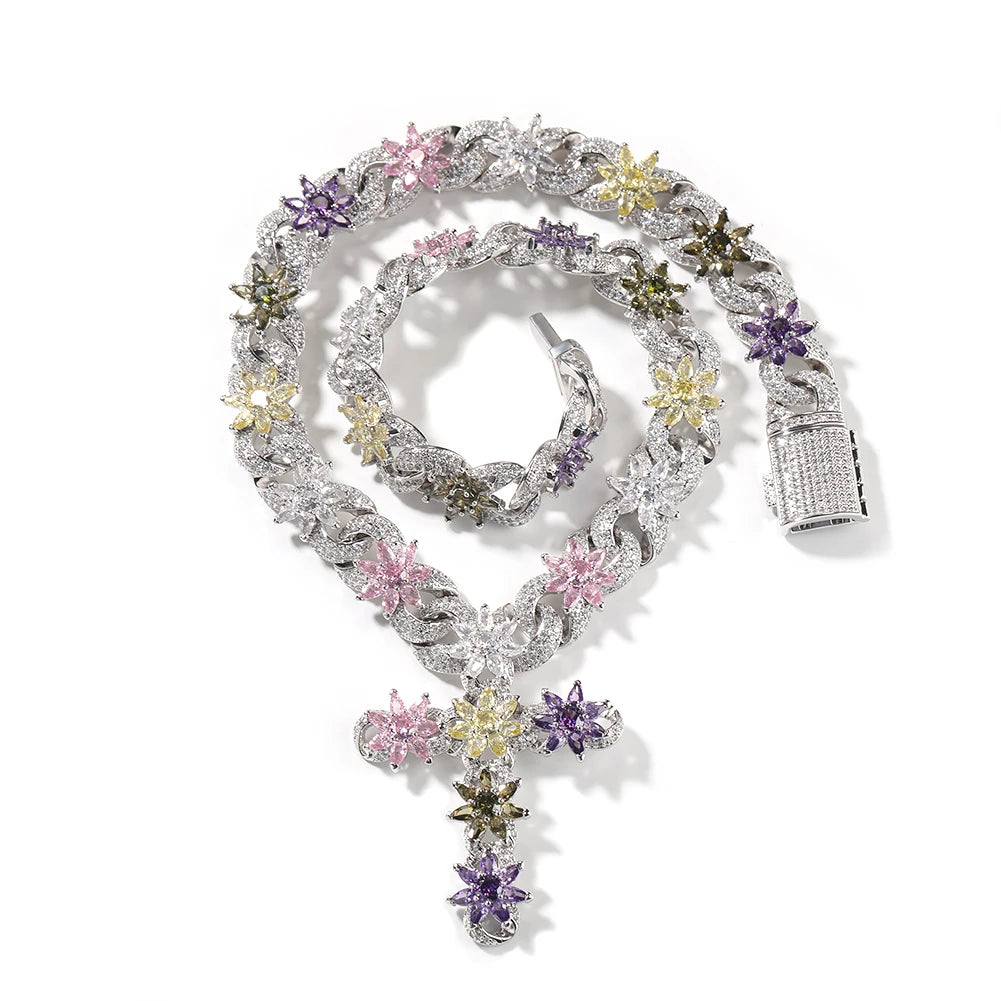 Colorful Flower Cuban Chain Full Paved Iced Out Bling Cubic Zirconia Cross Charms Baguette CZ Cuban Chain Hiphop Jewelry