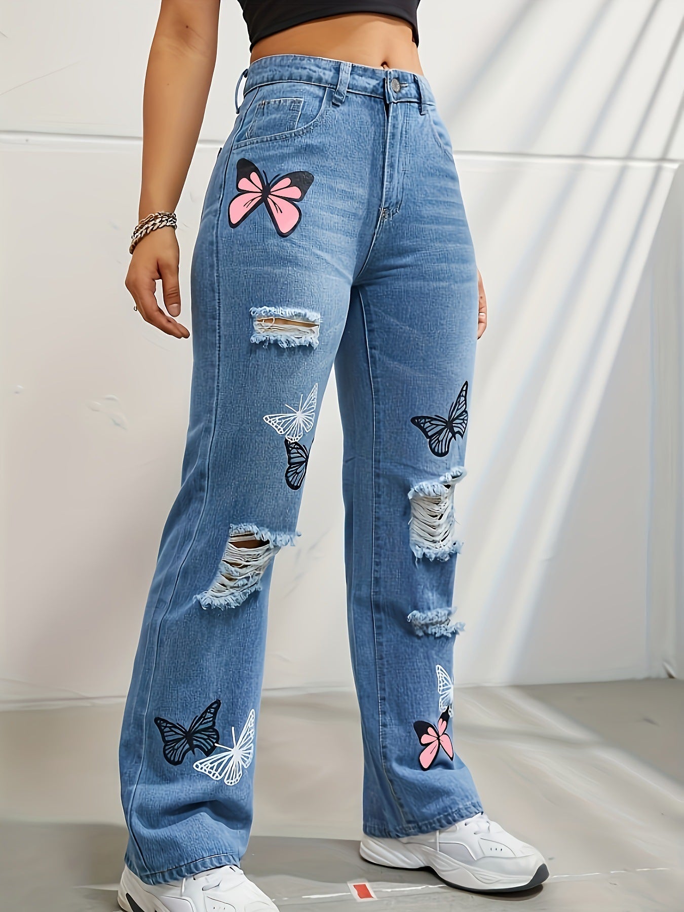 Vaqueros Mujer Tiro Alto Rectos con Mariposas | Jeans Rotos