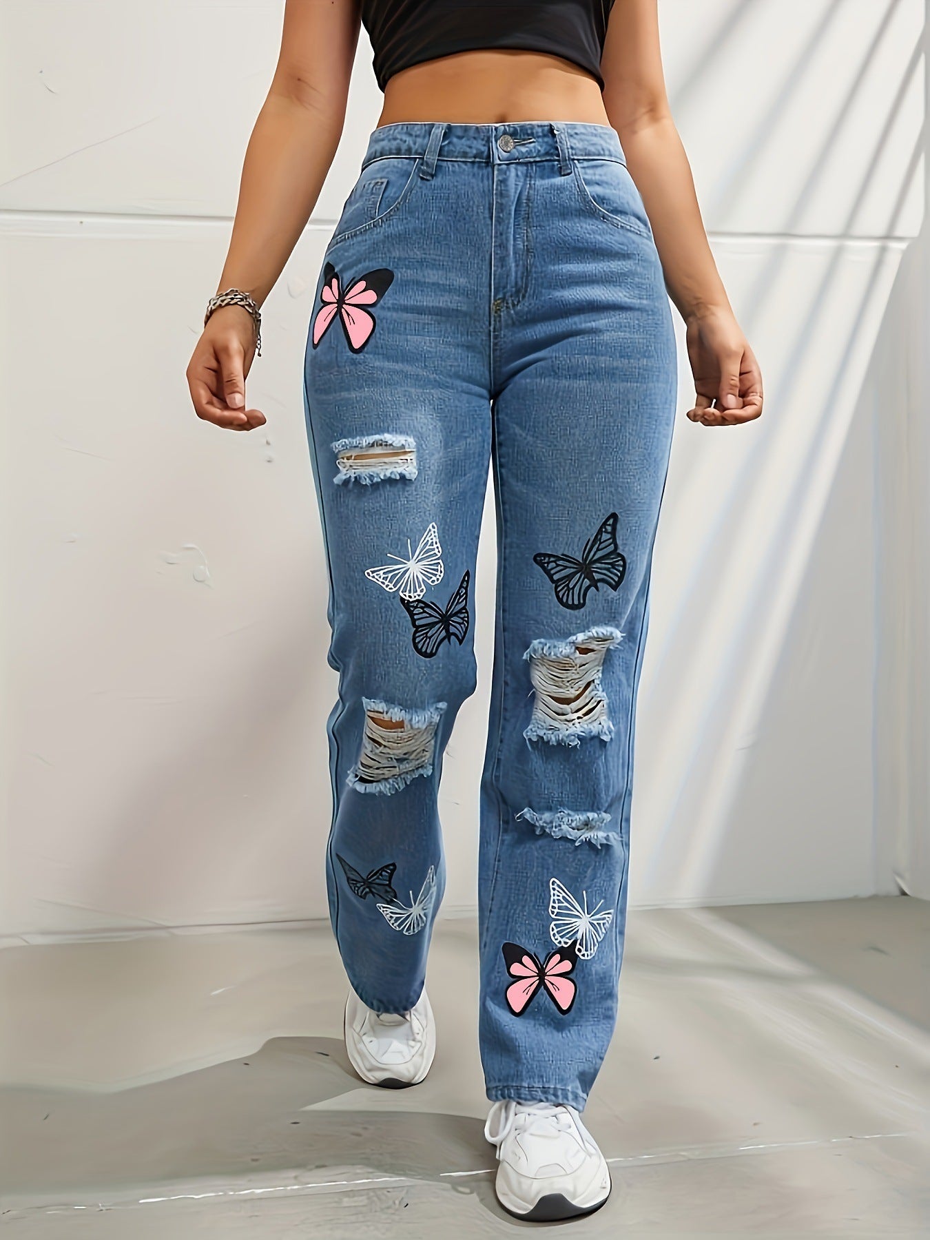 Vaqueros Mujer Tiro Alto Rectos con Mariposas | Jeans Rotos