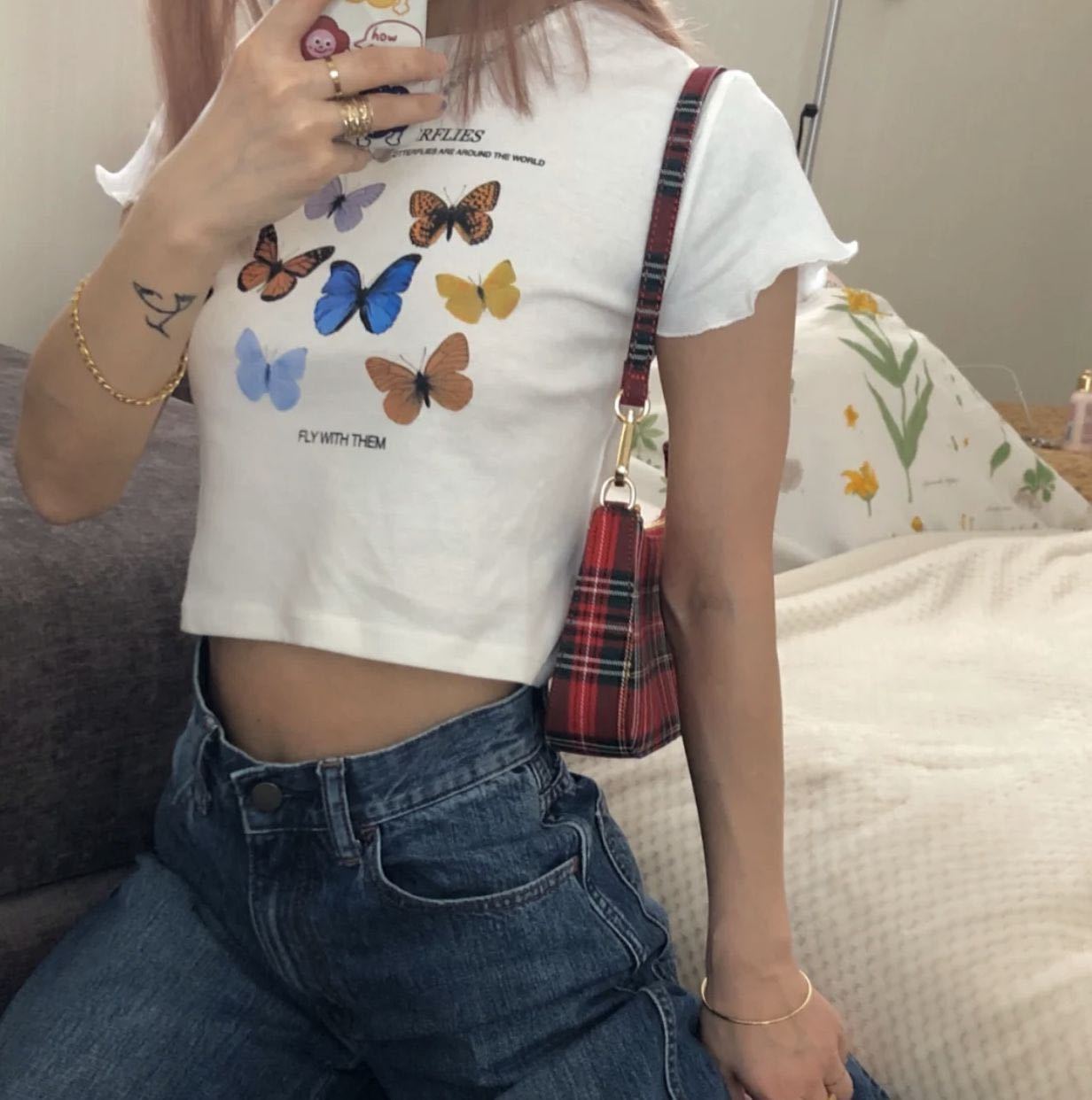 Camiseta corta de verano para mujer con estampado de mariposa