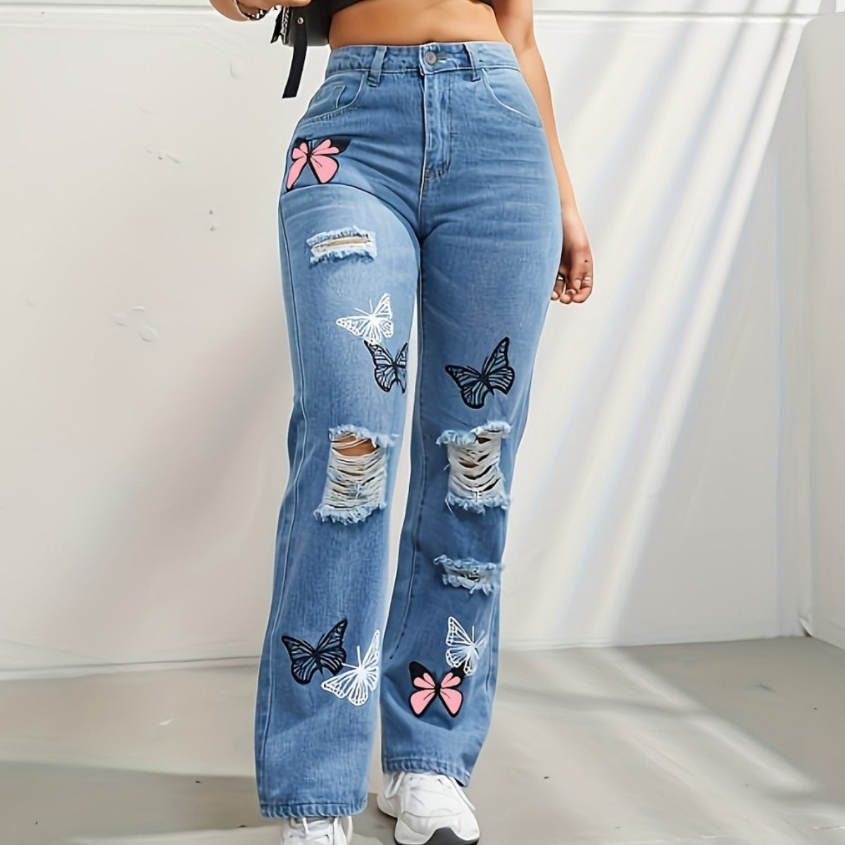 Vaqueros Mujer Tiro Alto Rectos con Mariposas | Jeans Rotos