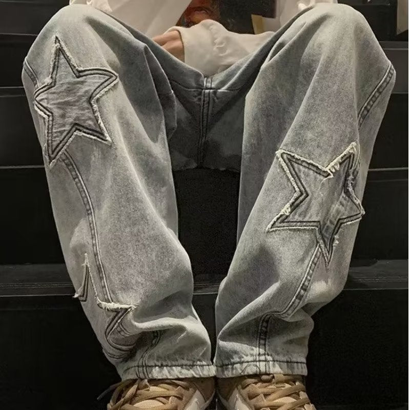 Pantalones Anchos Hombre | Vaqueros Streetwear con Bordado Estrella