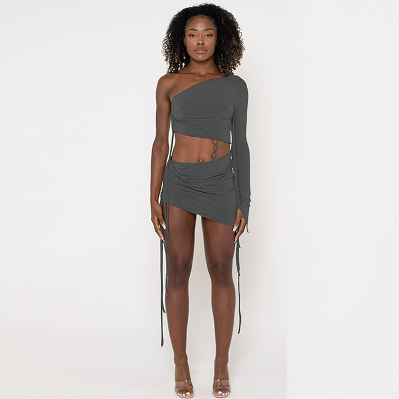 Conjunto Sexy Mujer – Falda con Cordón Lateral + Top de Un Hombro Descubierto