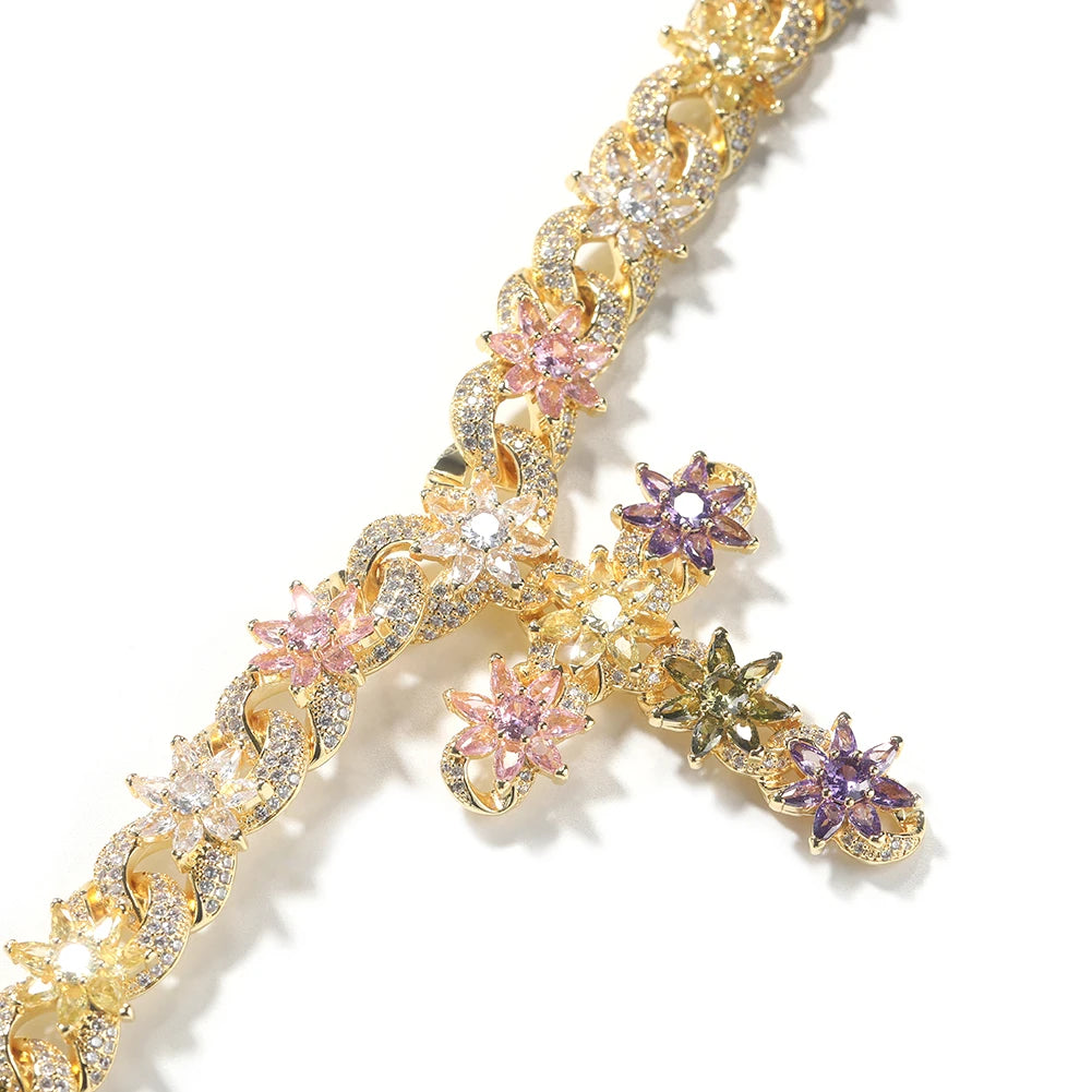 Colorful Flower Cuban Chain Full Paved Iced Out Bling Cubic Zirconia Cross Charms Baguette CZ Cuban Chain Hiphop Jewelry