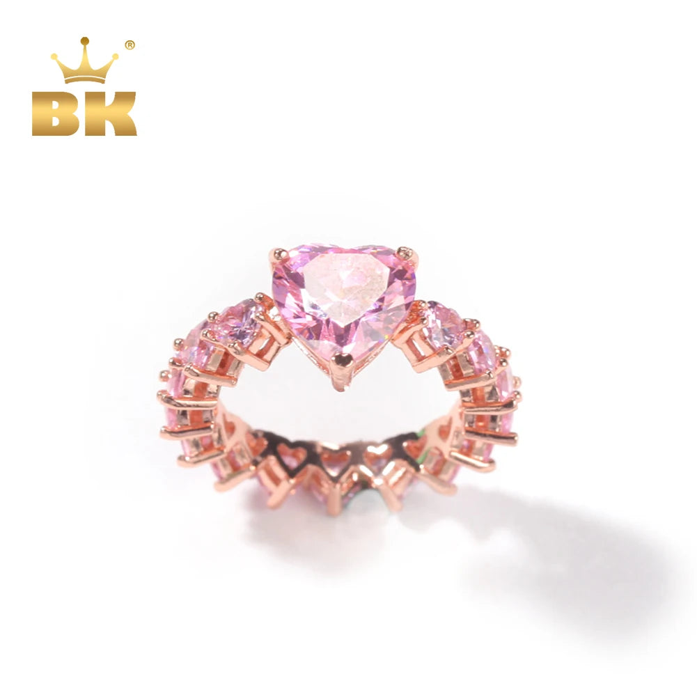 THE BLING KING Luxury New Fashion Iced Out Water Drop Pink Bling CZ Heart Rings For Girl Women Charm Valentine's Day Gift
