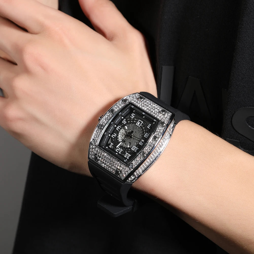 THE BLING KING Sqaure Dial Quartz Watch Full Rhinestones Iced Out Wrist Watches With Black Belt For Men Women Fashion Gift