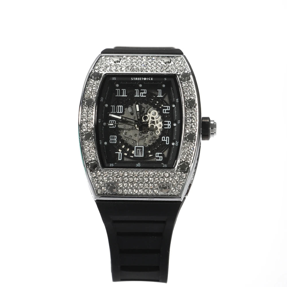 THE BLING KING Sqaure Dial Quartz Watch Full Rhinestones Iced Out Wrist Watches With Black Belt For Men Women Fashion Gift