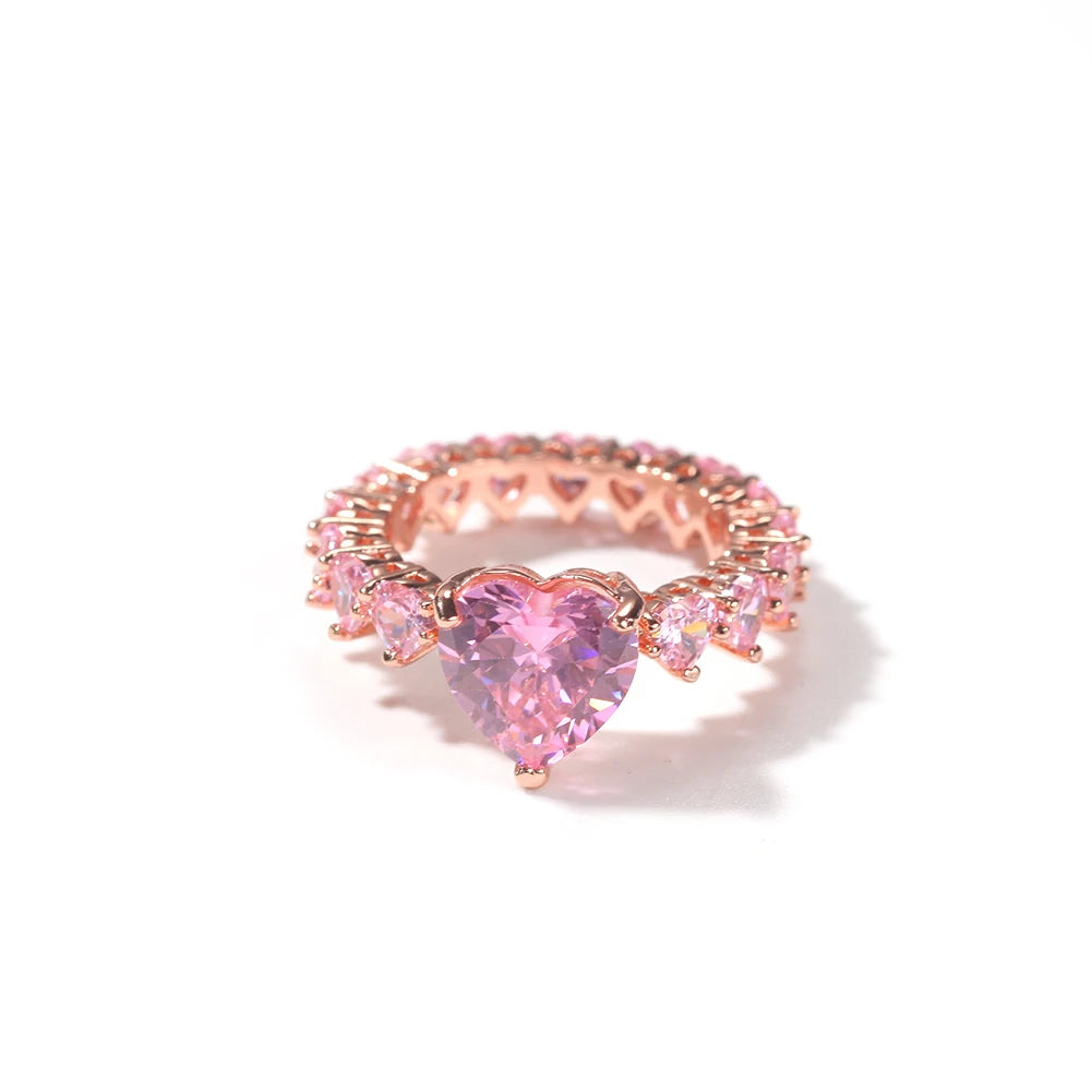 THE BLING KING Luxury New Fashion Iced Out Water Drop Pink Bling CZ Heart Rings For Girl Women Charm Valentine's Day Gift