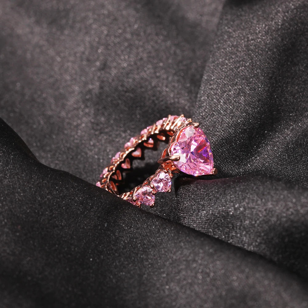 THE BLING KING Luxury New Fashion Iced Out Water Drop Pink Bling CZ Heart Rings For Girl Women Charm Valentine's Day Gift