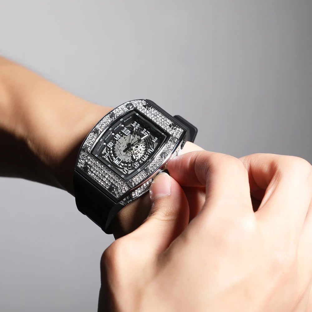 THE BLING KING Sqaure Dial Quartz Watch Full Rhinestones Iced Out Wrist Watches With Black Belt For Men Women Fashion Gift