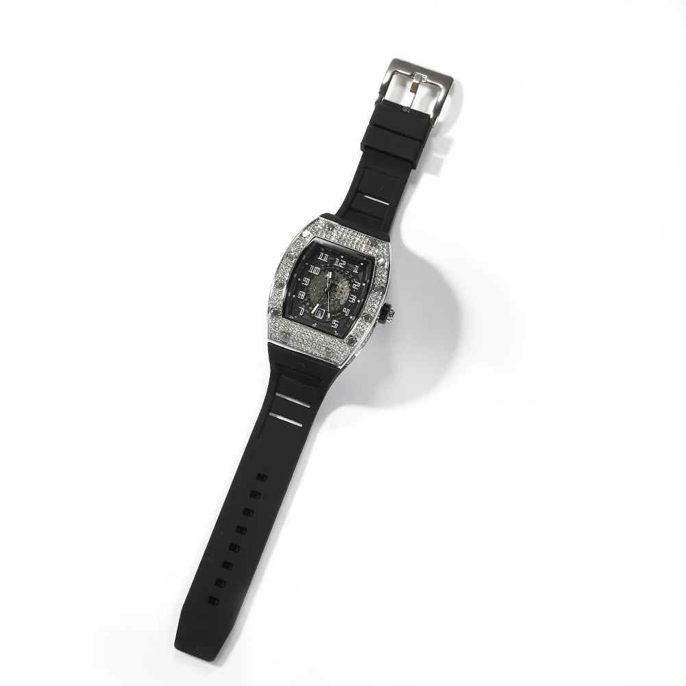 THE BLING KING Sqaure Dial Quartz Watch Full Rhinestones Iced Out Wrist Watches With Black Belt For Men Women Fashion Gift