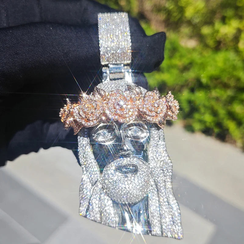 Collar Rosa Jesús Hombre con Circonitas Bling – Estilo Hip Hop Oro o Plata
