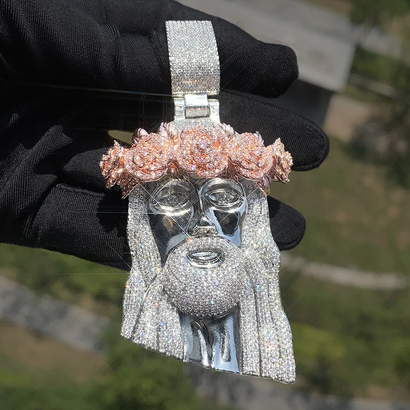 Collar Rosa Jesús Hombre con Circonitas Bling – Estilo Hip Hop Oro o Plata