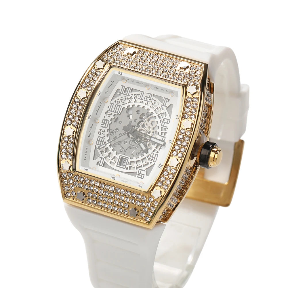 THE BLING KING Sqaure Dial Quartz Watch Full Rhinestones Iced Out Wrist Watches With Black Belt For Men Women Fashion Gift