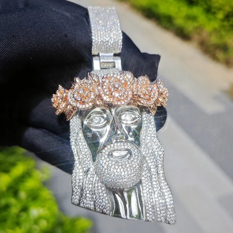 Collar Rosa Jesús Hombre con Circonitas Bling – Estilo Hip Hop Oro o Plata