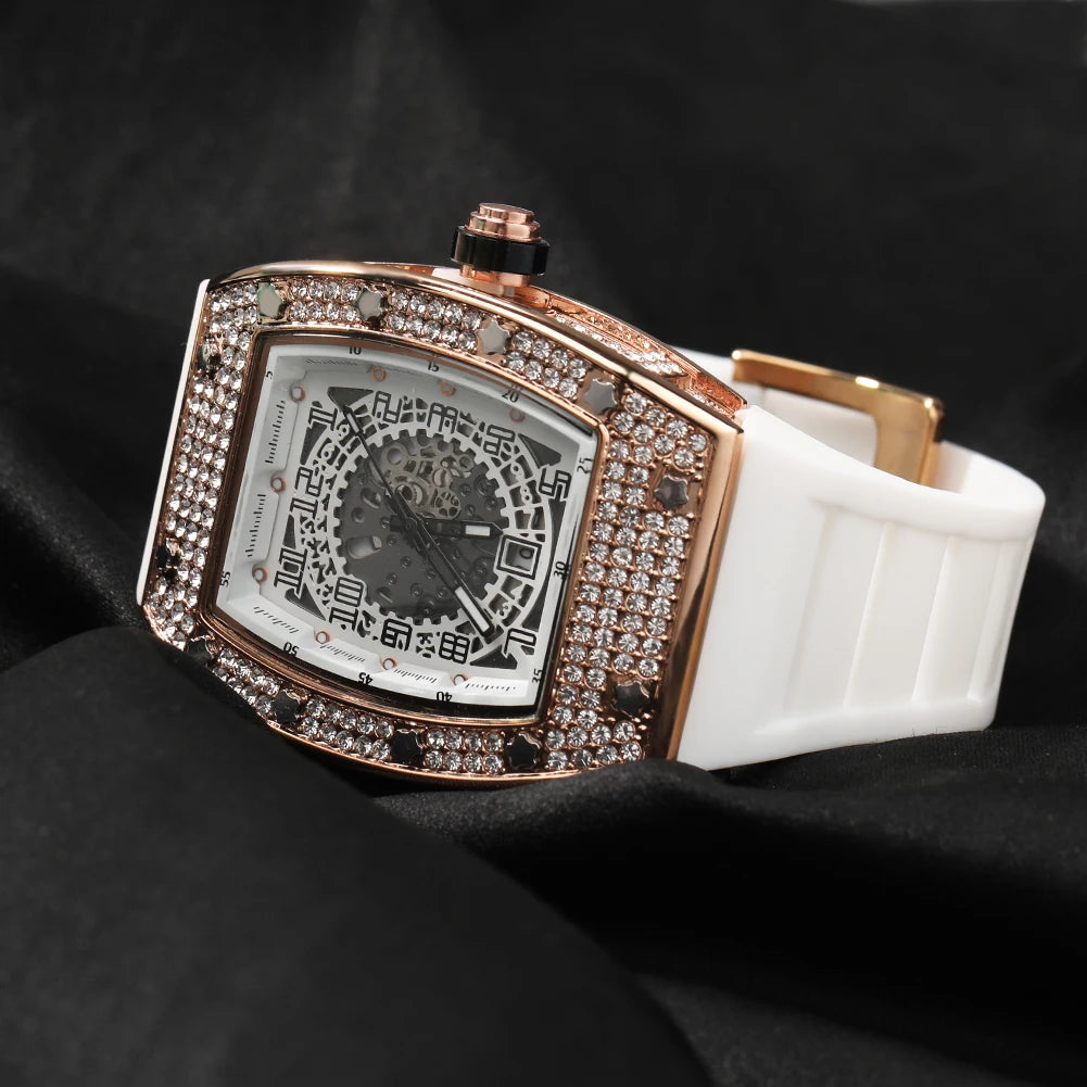 THE BLING KING Sqaure Dial Quartz Watch Full Rhinestones Iced Out Wrist Watches With Black Belt For Men Women Fashion Gift