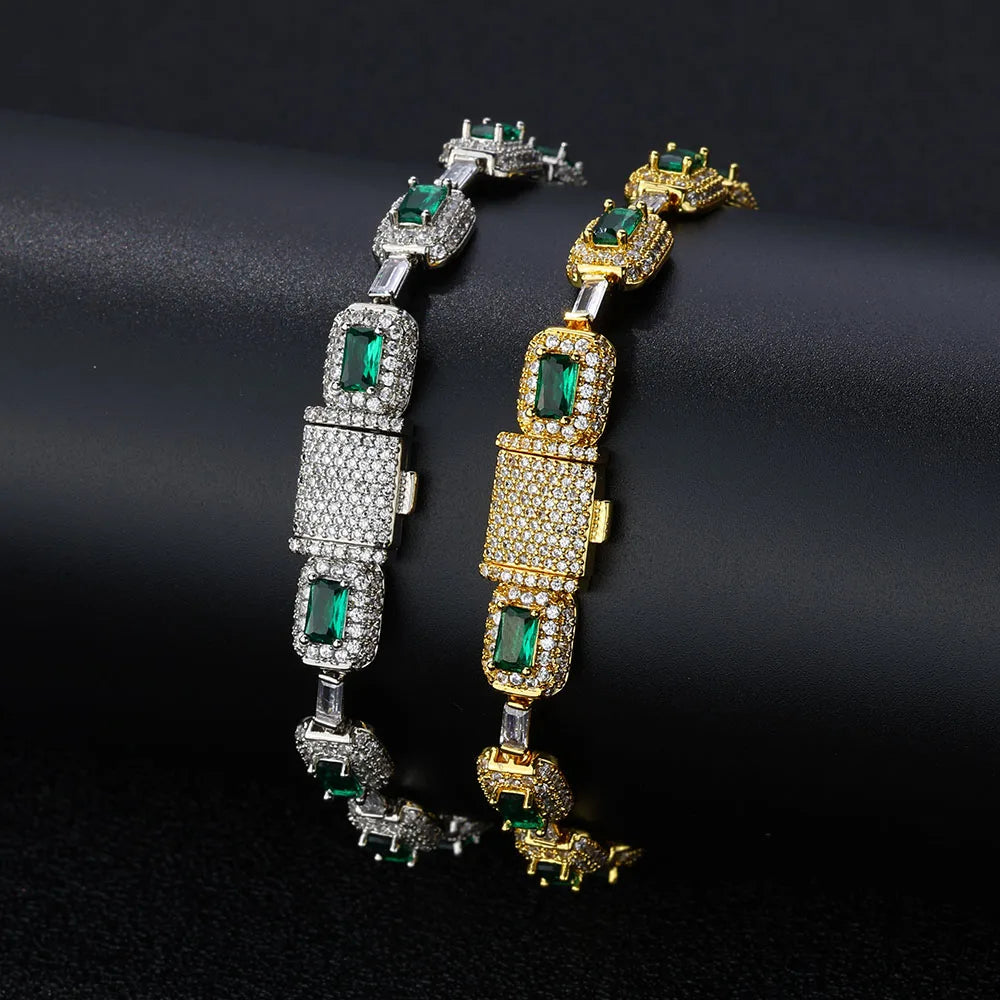 Pulsera Esmeralda Ice Out Mujer – Circonitas Verdes Corte Baguette y Baño Oro Blanco
