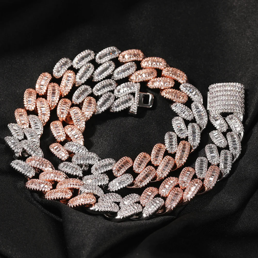 Cadena Cuban Baguette 15mm Iced Out estilo trap, CZ brillante, plata u oro