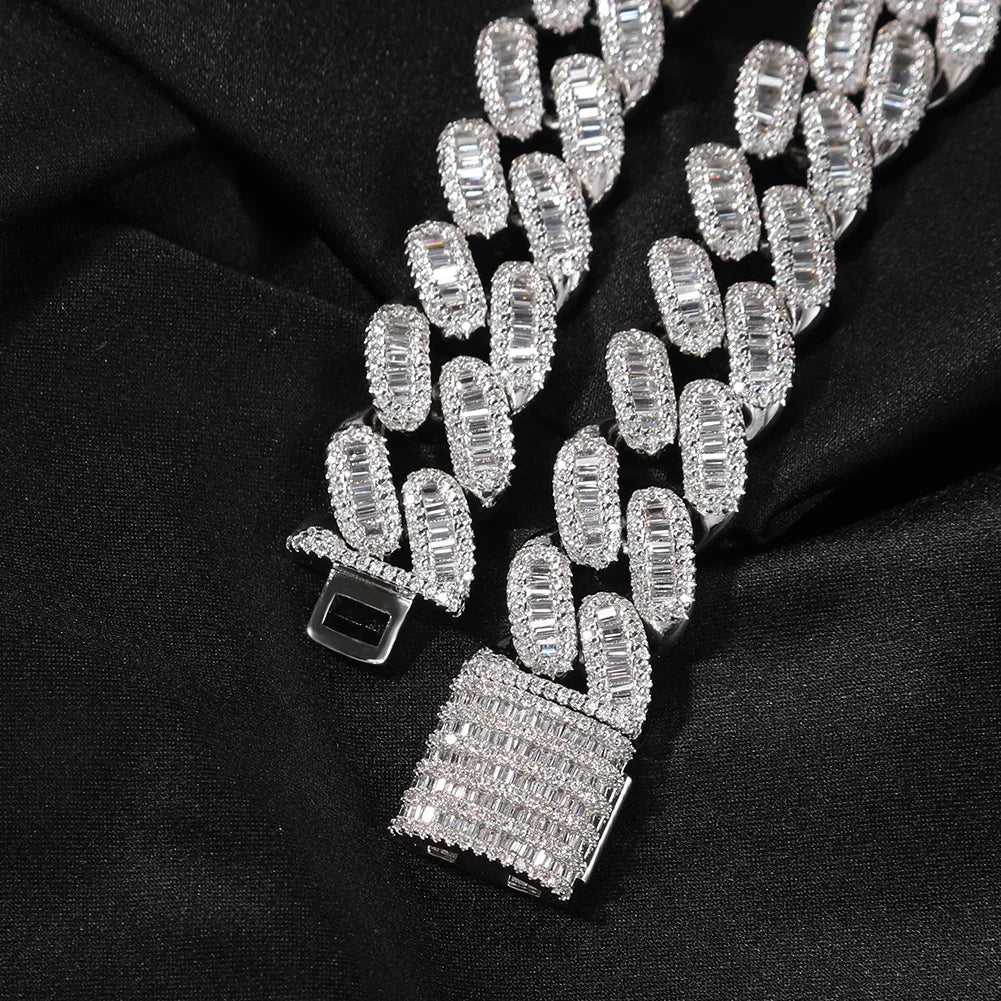 Cadena Cuban Baguette 15mm Iced Out estilo trap, CZ brillante, plata u oro