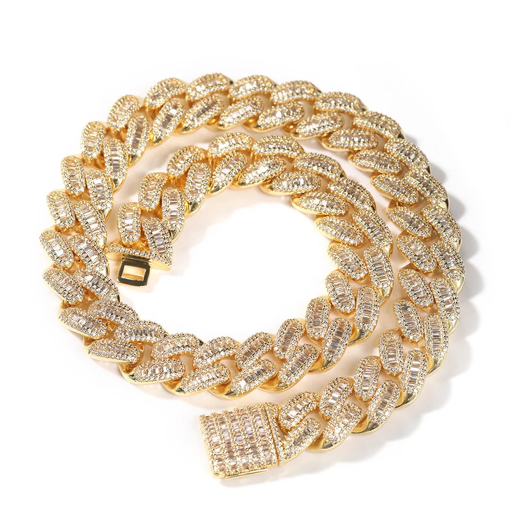 Cadena Cuban Baguette 15mm Iced Out estilo trap, CZ brillante, plata u oro