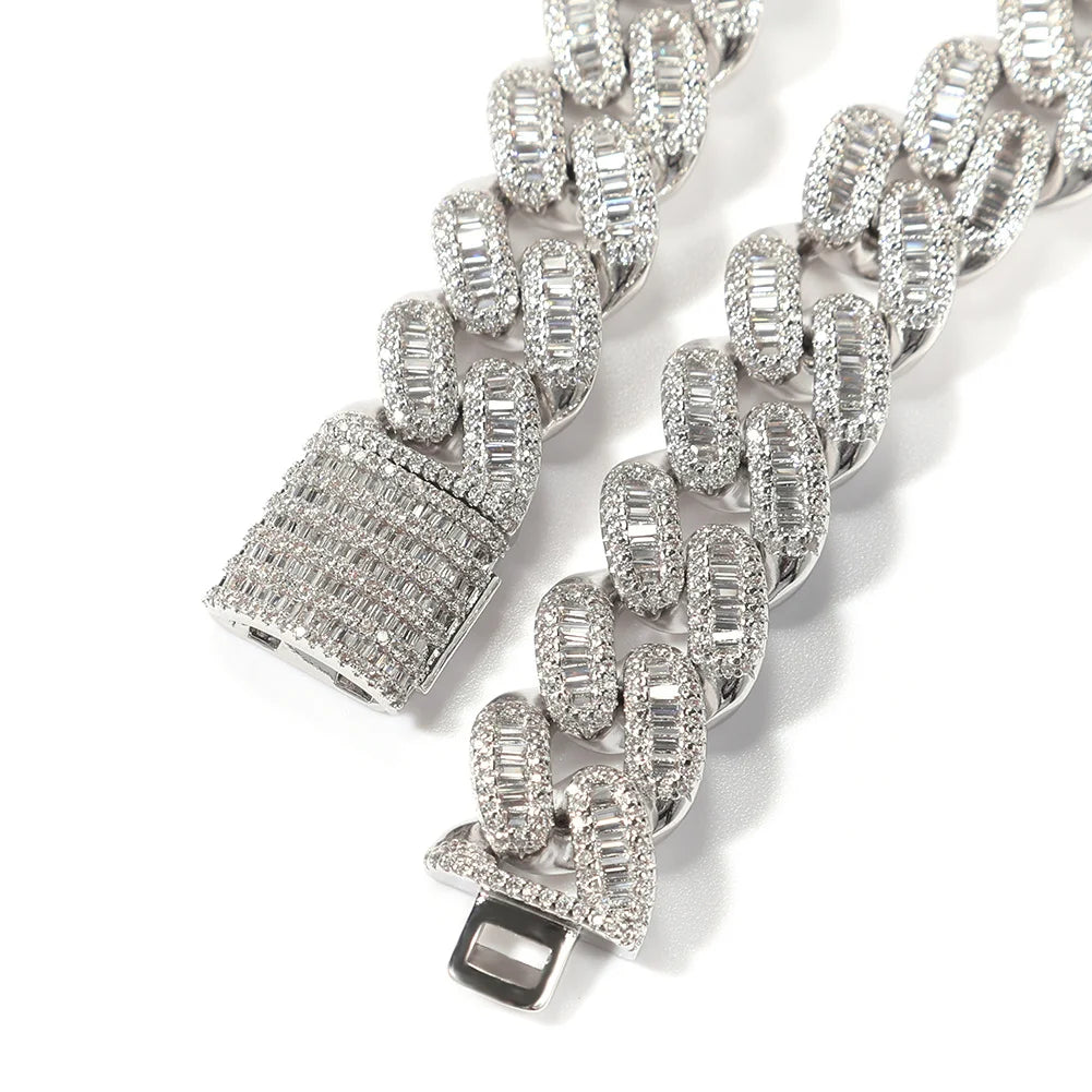 Cadena Cuban Baguette 15mm Iced Out estilo trap, CZ brillante, plata u oro