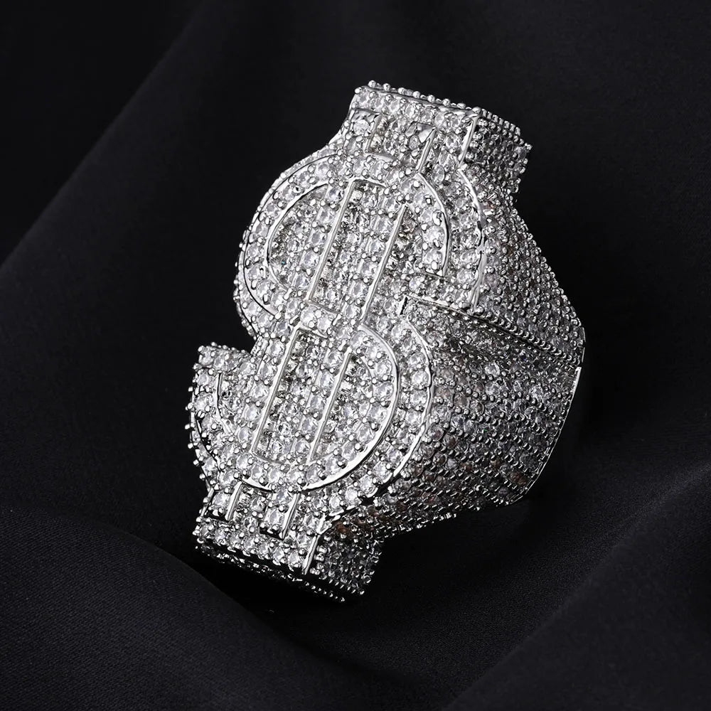 Anillo dorado Ice Out con símbolo de dinero $ y circonitas cúbicas, estilo trap y hip hop unisex.