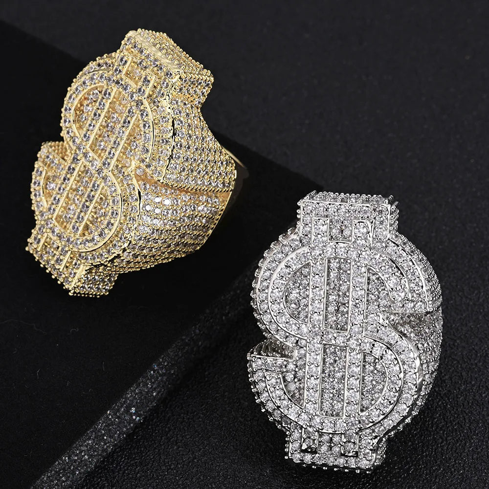 Anillo dorado Ice Out con símbolo de dinero $ y circonitas cúbicas, estilo trap y hip hop unisex.