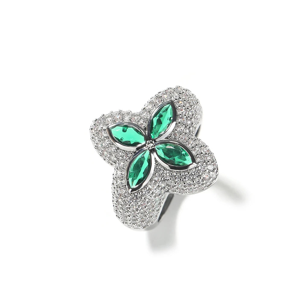 Anillo de trébol verde Ice Out con circonitas cúbicas, joyería trap punk para hombre y mujer.