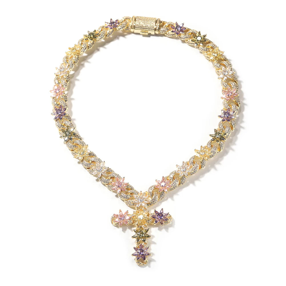Colorful Flower Cuban Chain Full Paved Iced Out Bling Cubic Zirconia Cross Charms Baguette CZ Cuban Chain Hiphop Jewelry