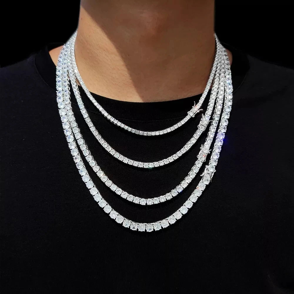 Cadena de tenis Iced Out 18K estilo trap unisex en plata y oro, joyería urbana con diamantes CZ brillantes.