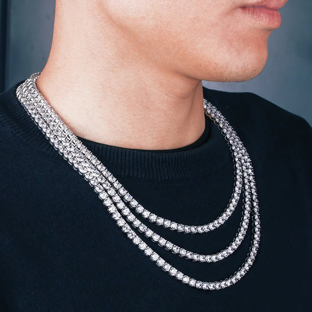 Cadena de tenis Iced Out 18K estilo trap unisex en plata y oro, joyería urbana con diamantes CZ brillantes.