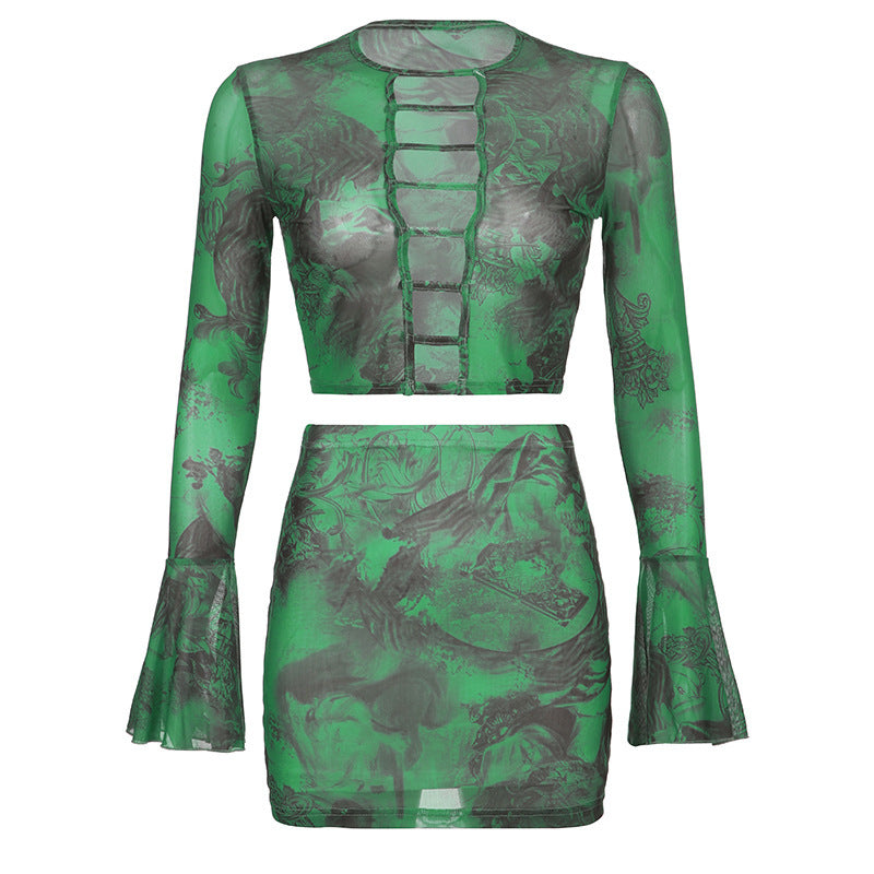 Conjunto de Gasa con Estampado – Falda Acampanada y Top Cut-Out Sexy Mujer
