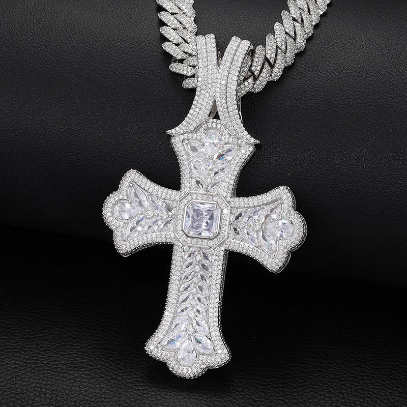 Colgante cruz grande Iced Out con CZ 5A+ pavimentadas, estilo rap urbano en oro o plata