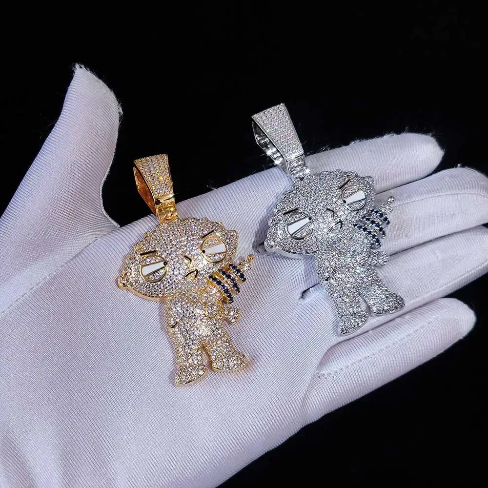 Colgante estilo Stewie Griffin Iced Out con circonitas CZ 5A, joyería trap unisex oro o plata