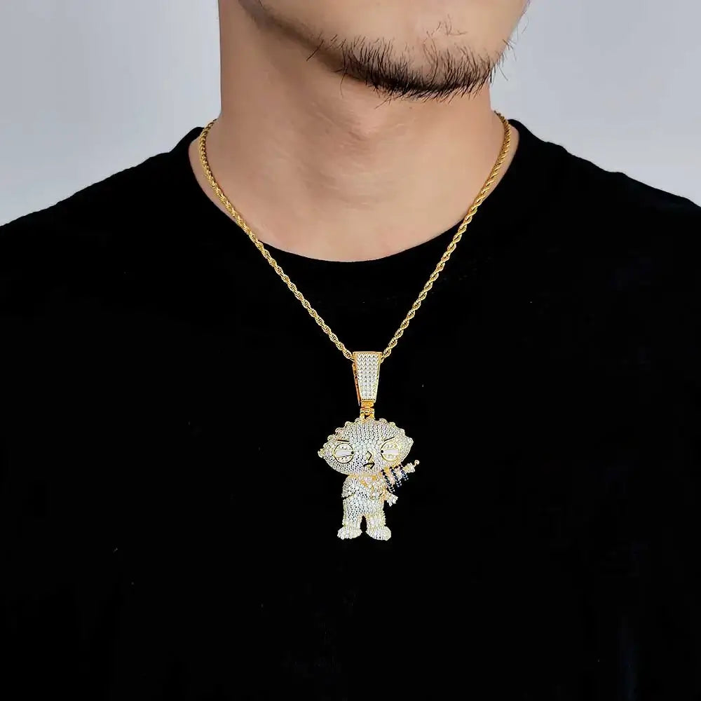 Colgante estilo Stewie Griffin Iced Out con circonitas CZ 5A, joyería trap unisex oro o plata