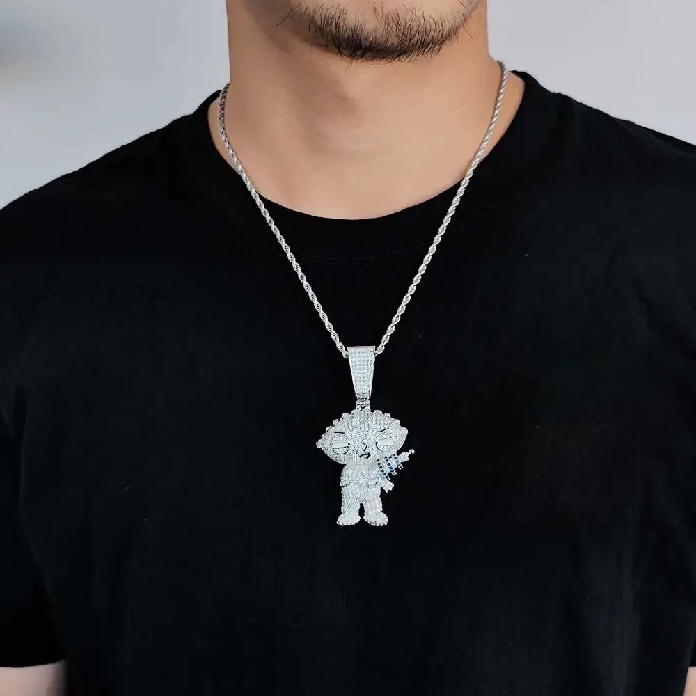 Colgante estilo Stewie Griffin Iced Out con circonitas CZ 5A, joyería trap unisex oro o plata