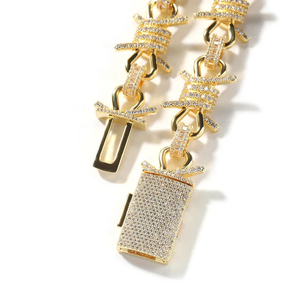 Collar Ice Out con diseño de alambre de espino y circonitas baguette de 19 mm estilo hip hop trap para hombre.