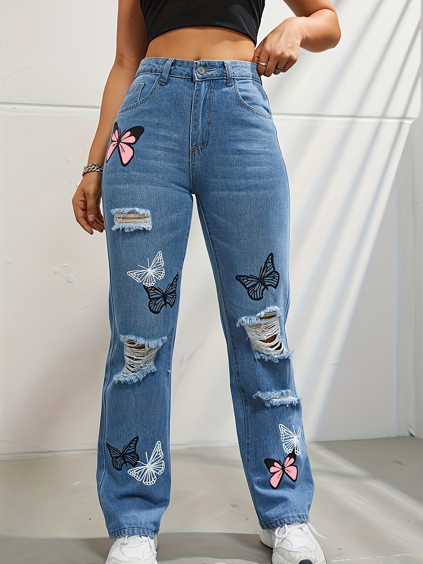 Vaqueros Mujer Tiro Alto Rectos con Mariposas | Jeans Rotos