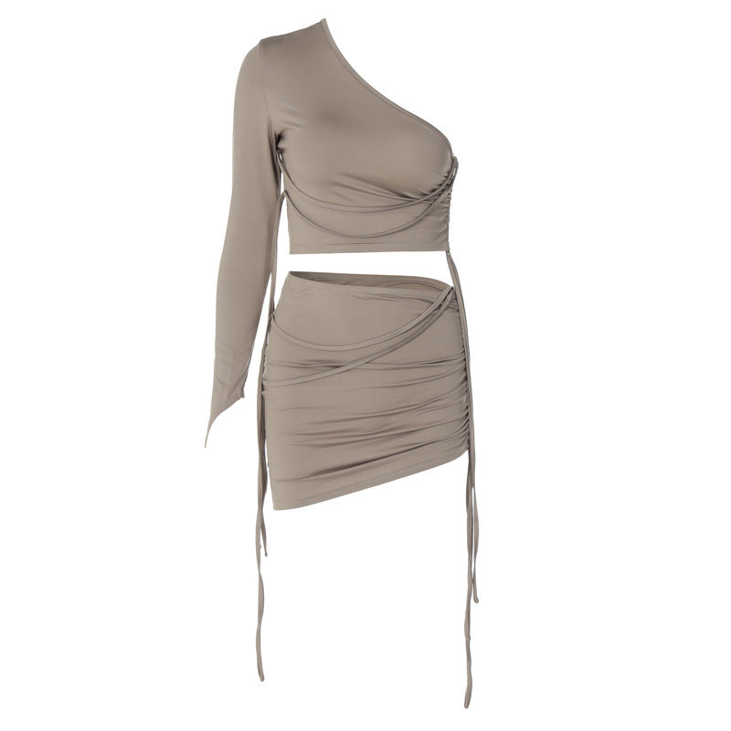 Conjunto Sexy Mujer – Falda con Cordón Lateral + Top de Un Hombro Descubierto