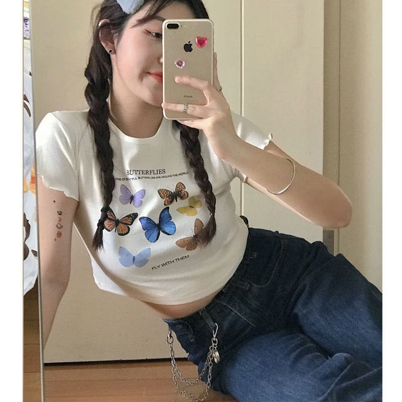 Camiseta corta de verano para mujer con estampado de mariposa