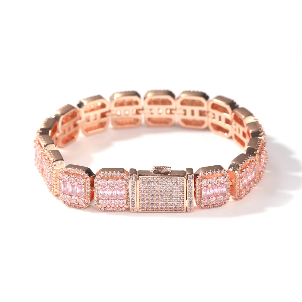 Pulsera Ice Out con piedras rosas tipo baguette de 13 mm, estilo hip hop trap para hombre y mujer.