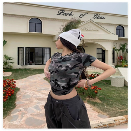 Camiseta Mujer Camuflaje Retro | Manga Corta Streetwear Femenino