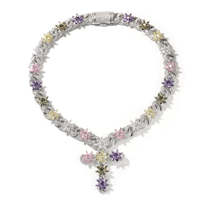 Colorful Flower Cuban Chain Full Paved Iced Out Bling Cubic Zirconia Cross Charms Baguette CZ Cuban Chain Hiphop Jewelry