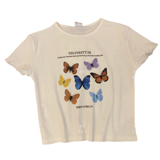 Camiseta corta de verano para mujer con estampado de mariposa