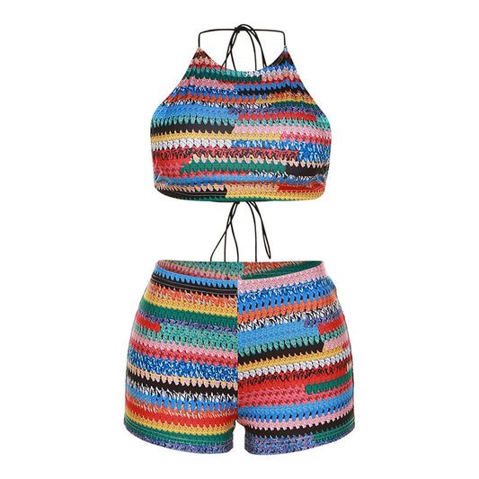 Conjunto Sexy Mujer Verano – Top Halter Estampado sin Espalda + Shorts Ajustados