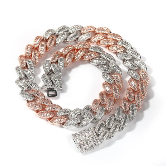 Cadena Cuban Baguette 15mm Iced Out estilo trap, CZ brillante, plata u oro

