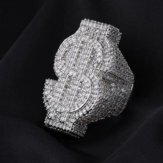 Anillo dorado Ice Out con símbolo de dinero $ y circonitas cúbicas, estilo trap y hip hop unisex.